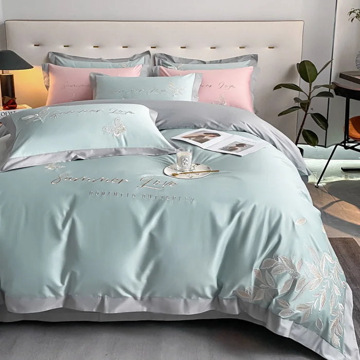 Elegant Ruffle Duvet Cover Embroidery 100% Cotton 4Pcs Flat Bed Sheet Pillowcases For Home