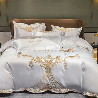 New White Satin Cotton Bedding Set Luxury Royal Gold Embroidery Duvet Cover Bed Sheet Pillowcases Solid Color Bedclothes