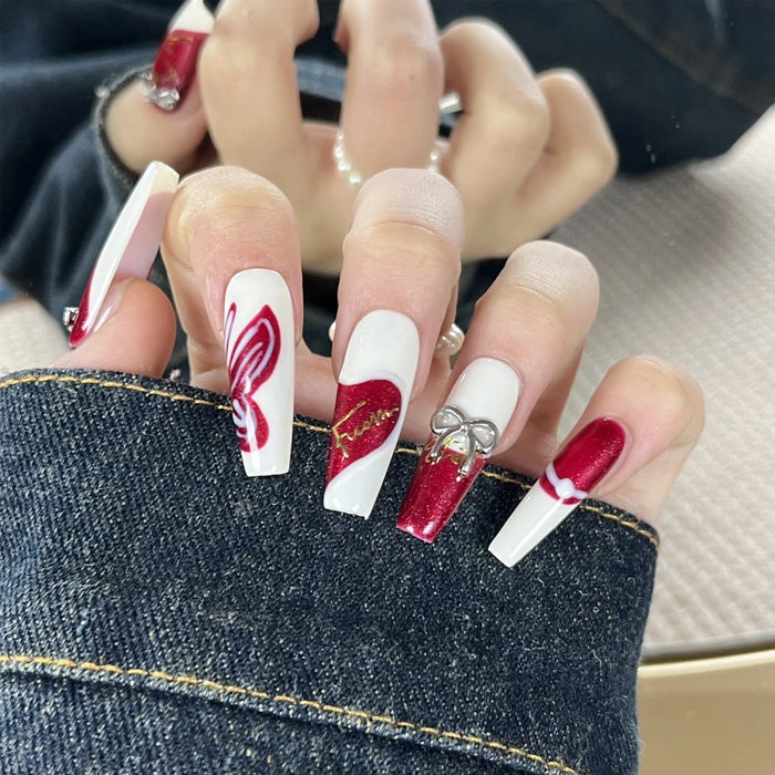 10 Pcs Artificial Nails Valentine's Press On Hand Made Luxury Wearable Red Love Heart Painting Alloy Bow Decor Full Cover Tips