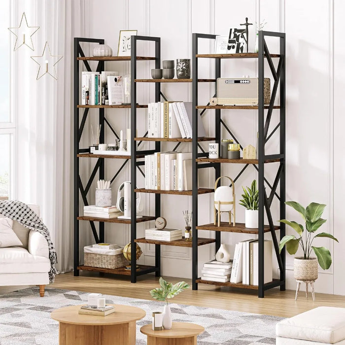 Study Room Storage Shelf Three Wide 5 Tier 70.8 Inch Large Industrial Bookshelf With Metal Frame for Home Office Bookcase Living