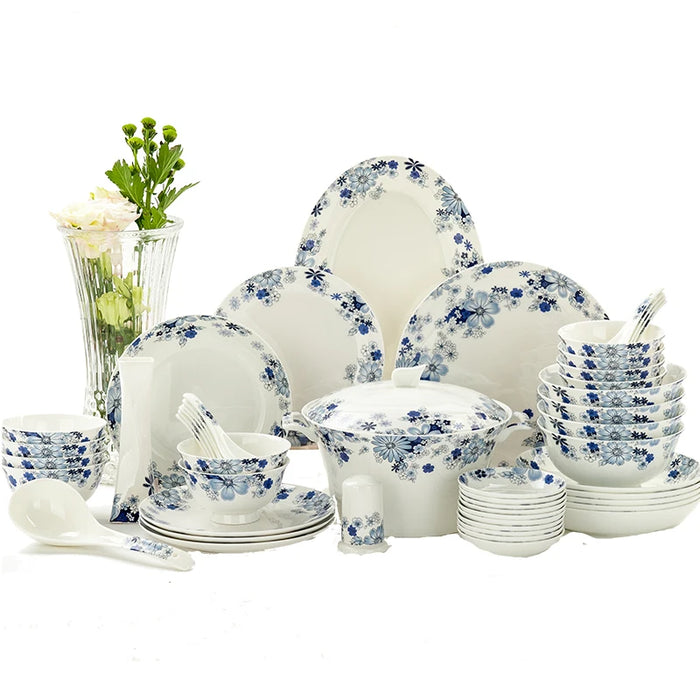 Tangshan Bone China 50 pieces of Chinese tableware deep plate disc flower set microwave oven ceramic creative dish plate