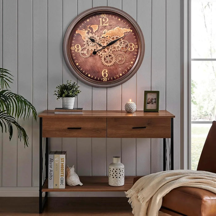 24 Inch Wall Clock with Moving Gears, Industrial Decor Clock, Oversized Silent Clock for Living Room, Oil Rubbed Bronze Brown