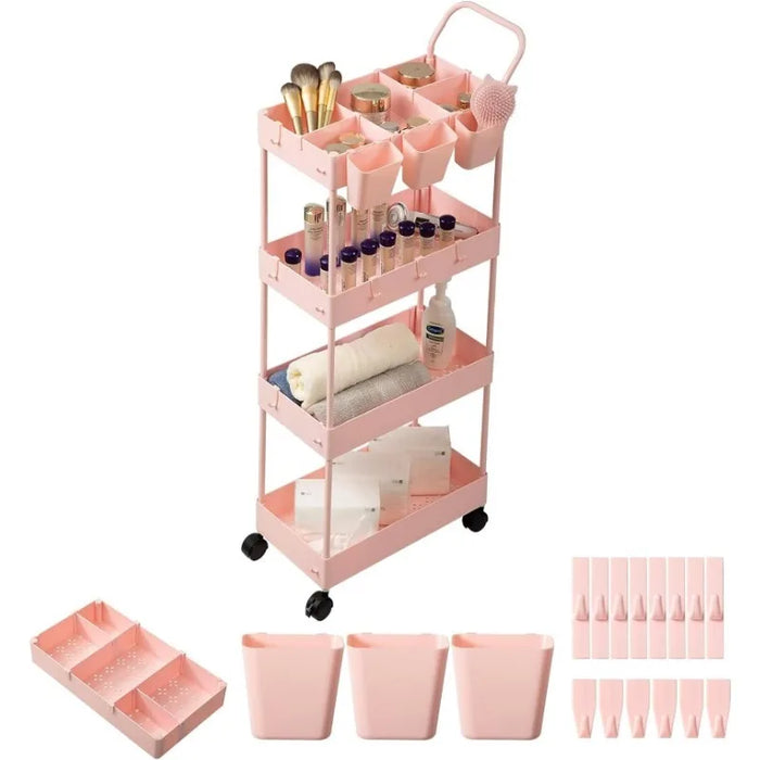 Storage Cart on Wheels, Bathroom Organizer Slim Laundry Cart Narrow Shelf Cart with Wheels Dividers Hanging Cups Hooks