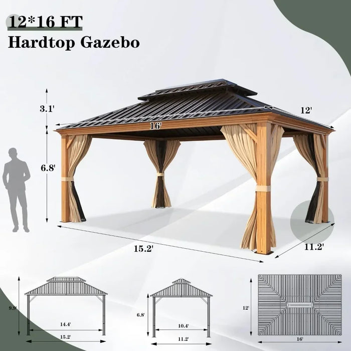 Gazebo, Hardtop Wood-Looking Gazebo with Galvanized Steel Double Roof, Aluminum Frame with Netting and Curtains 12' x 16'