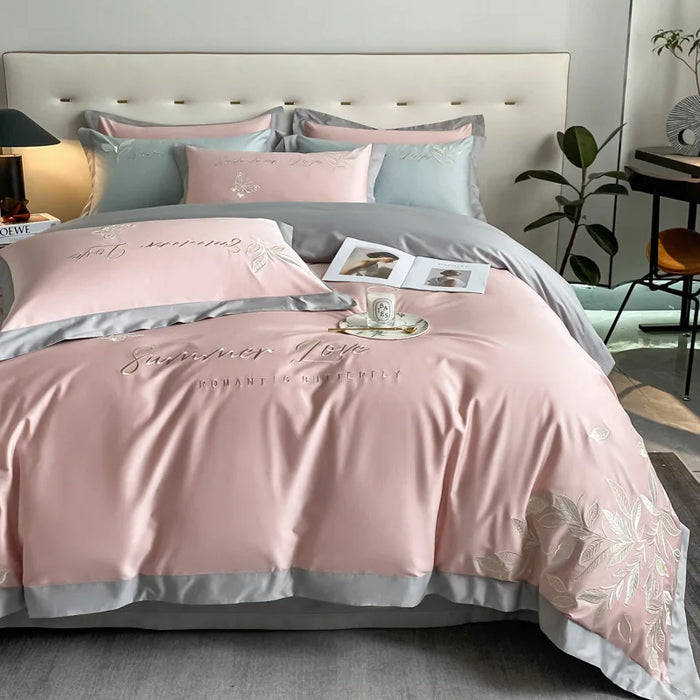 Elegant Ruffle Duvet Cover Embroidery 100% Cotton 4Pcs Flat Bed Sheet Pillowcases For Home