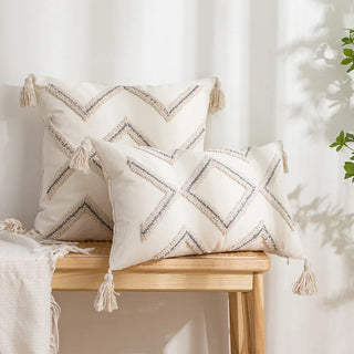 Grey White Simple Loop Tufted Cushion Cover Wabi Sabi Geometric Embroidery Tassel Pillow Cover Home Decorative Cushions for Sofa