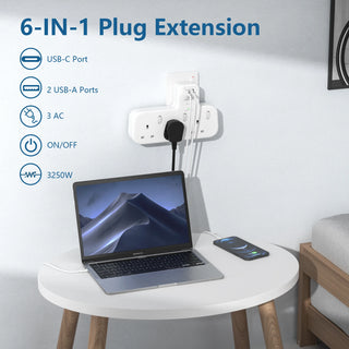 LENCENT Wall Socket Extender with 3AC Outlets 2 USB Port 1Type C Surge Protected Double Plug Adaptor with Switch for Home Office