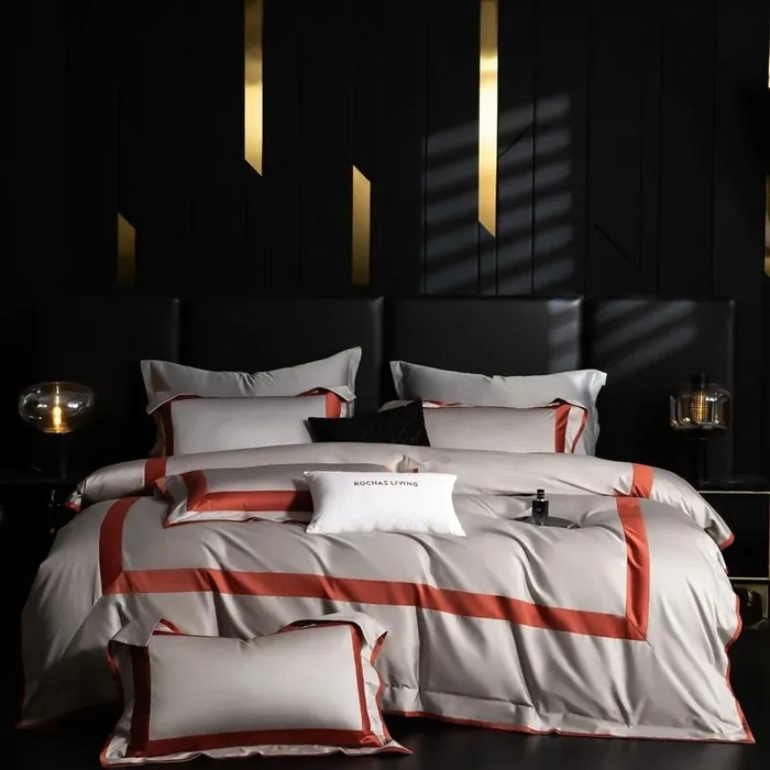 1000TC Premium Cotton Queen King Bedding Set 4pcs Grey Orange Frame Patchwork Duvet Cover Bed Sheet Pillowcases For All-Season