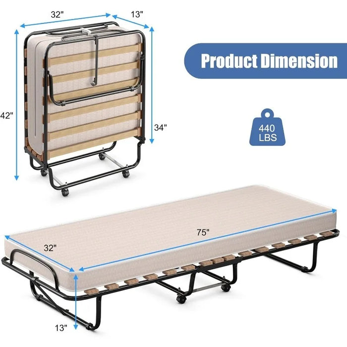 Folding Bed with Mattress, Rollaway Guest Bed w/ 4 Inch Memory Foam Mattress, Sturdy Metal Frame, Portable Sleeper Bed Cot Size