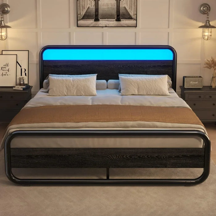 king size bed frame,Metal king bed frame, With LED headboard and footboard, With under bed storage space, No box spring required