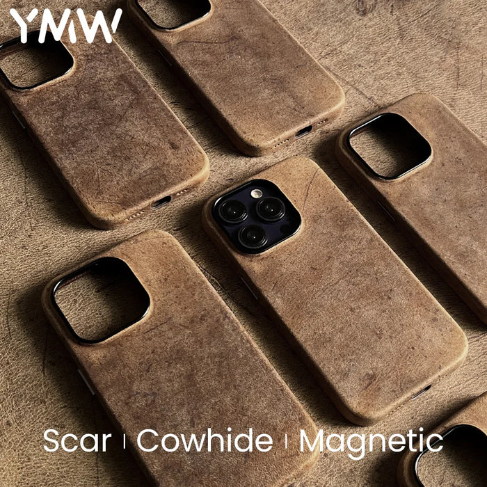 YMW Scars Crazy Horse Genuine Leather Case for iPhone 15 Pro Max 14 13 12 Mini Magnetic PULL-UP Frosty Cowhide Phone Cover