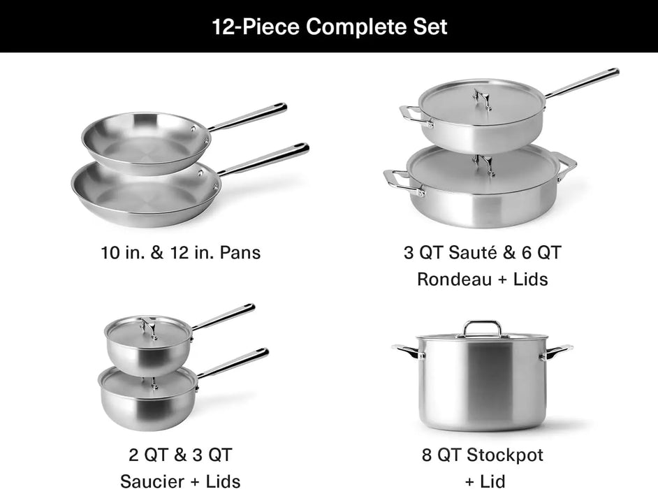 Misen Stainless Steel Pots and Pans Set - Stainless Steel Cookware Set - 12 Piece Complete Kitchen Cookware Sets