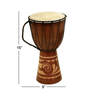 Eclectic Handmade Djembe Wood Drum Sculpture, 9"W x 16"H Features Ornate/Cow Leather Top Details and Polished Brown Finish