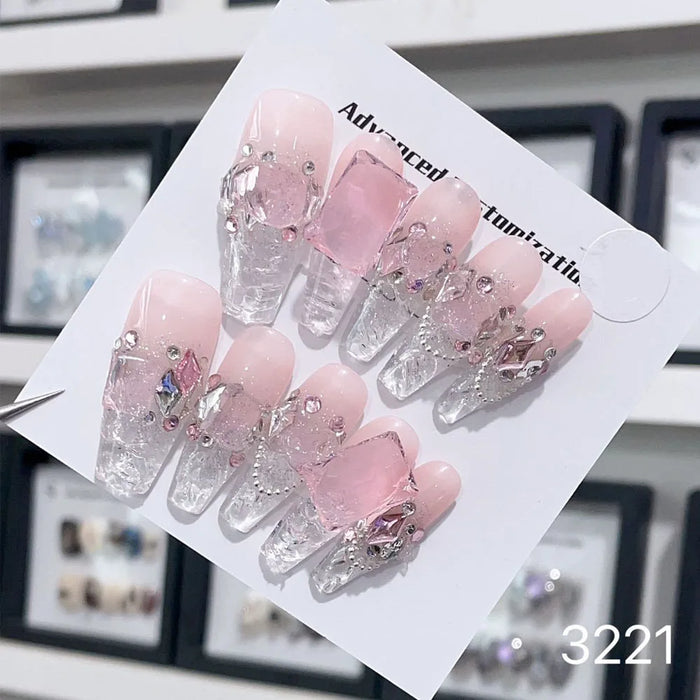 10 Pcs Hand Made Press On Nails Glitter Light Pink Design With Mermaid Tail Pearl Wearable Artificial Full Cover Fake Nail Tips