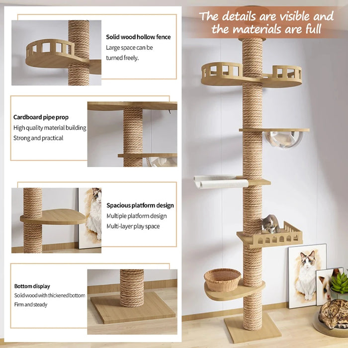 Wooden Cat Tree House Multifunction Pet Furniture Kitten Climbing Toy Cat Scratching Posts Cat Tower Soft Flannel Hammock Bed