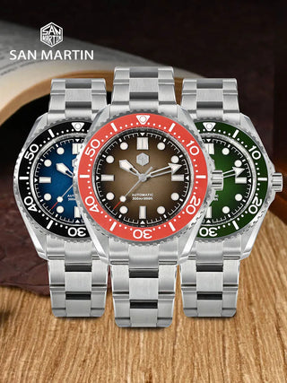 San Martin New Updated Men Diving Watch Helium Device NH35 Automatic Mechanical Luxury Vintage Gradient Dial Waterproof 300m