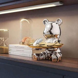 Electroplating bear cartoon sculpture, ceramic decorative ornaments with piggy bank, keys cosmetics, snacks desktop storage tray