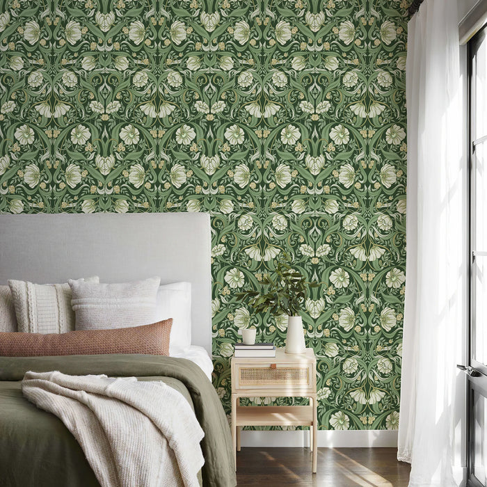 Green Floral Peel And Stick Boho Wallpaper Elegant Self-adhesive Fresh Flower Wallpaper Mural Retro Furniture Renovation Decor