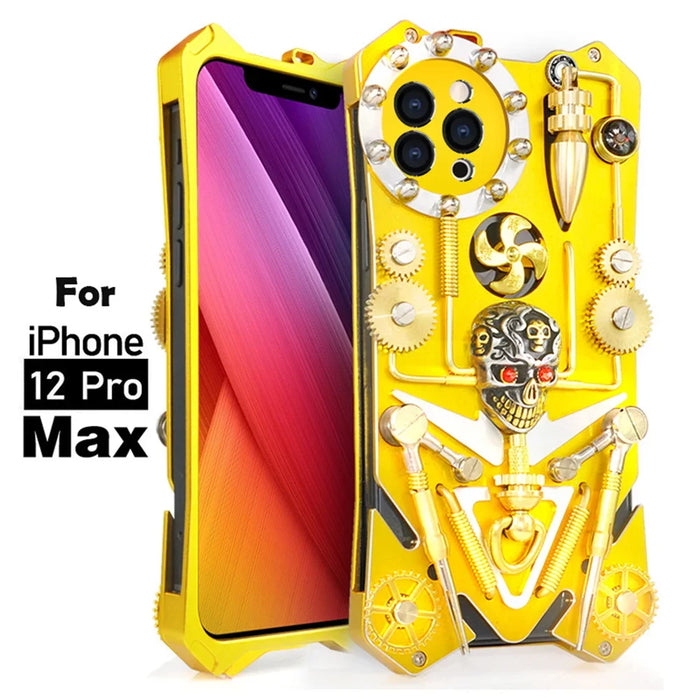 Luxury Hand Made Gear Metal Armor Case For iPhone 13 14 15 Pro Max Case Skull Gold Cover Funda For iPhone 13 14 Pro 15 Plus Case