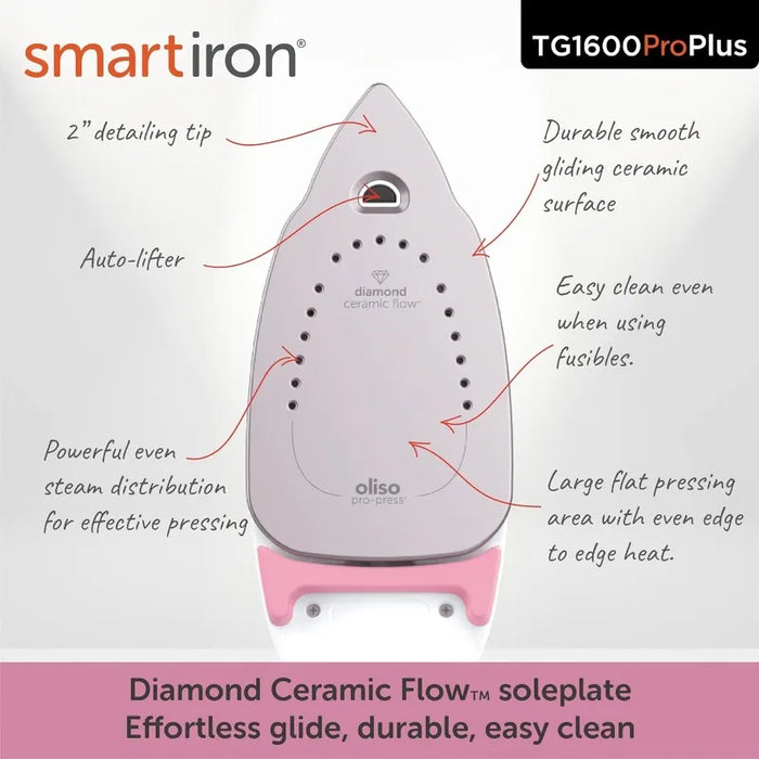 Oliso 1800 Watt SmartIron with Auto Lift, for Sewing, Quilting and Crafting Ironing, Diamond Ceramic-Flow Soleplate Steam Iron