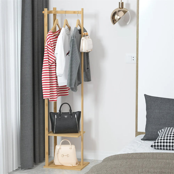 Coat Tree Solid Bamboo Freestanding Coat Rack with Storage Garments Corner Stand with Hooks for Home Bedroom