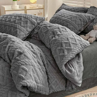 Grey King Size Duvet Cover Set 3PC, 1 Farmhouse Fuzzy Tufted Plush Shaggy Quilt Cover with Zipper Closure & 2 Pillowcases