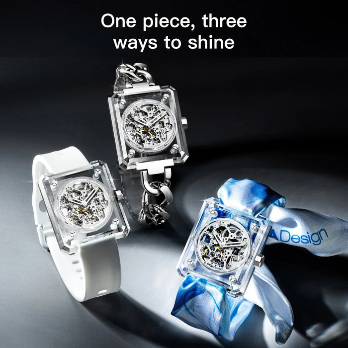 CIGA Design Transparent Automatic Skeleton Watch for Women Luxury R Series K9 Crystal Love Exquisite Wrist Timepiece 3 Straps