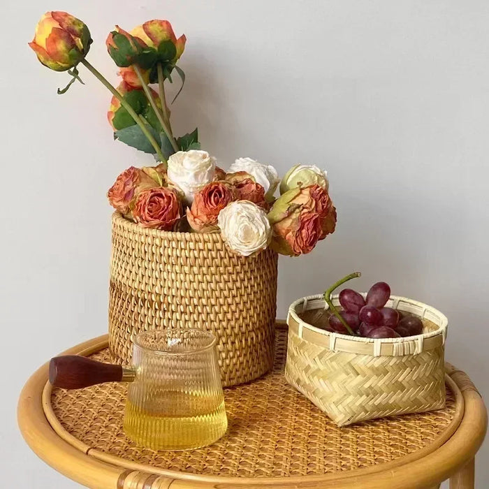 Handwoven Rattan Basket,Round Storage Bucket,Bread and Fruit Storage Baskets,Household Desktop Sundries Organizer,Plant Basket