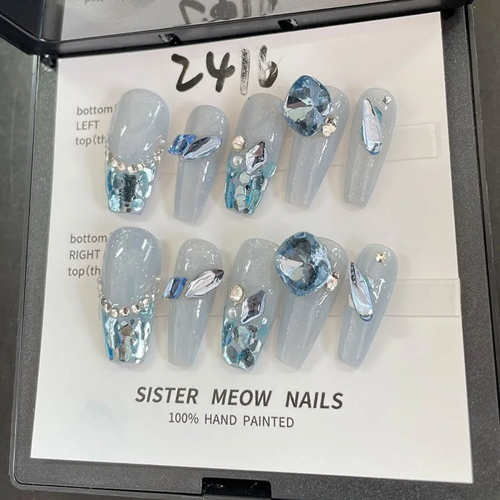 Hand-made 10 PCS  10 Pcs Blue Jelly Diamond  ABS Fake False Girls Hand Full Cover Stick On Artificial Nail Tips Art Fingnails