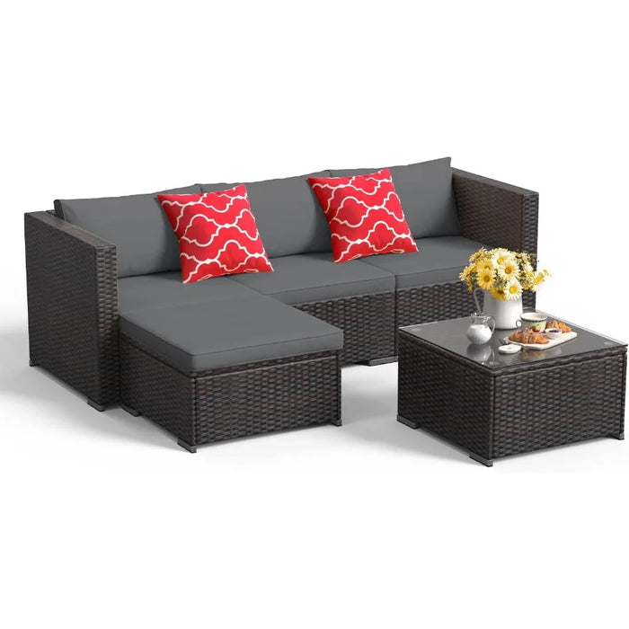 Outdoor Patio Furniture Set, All Weather Outdoor Sofa, PE Garden Wicker Rattan Patio Conversation Set with Glass Table