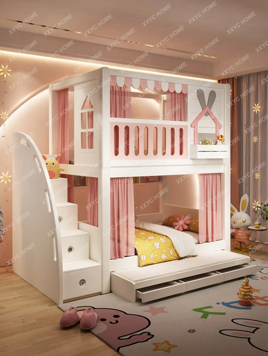 Children's Upper and Lower Bed Bunk Bed Girls Boys Princess Bed Castle Tree House Height-Adjustable Bed