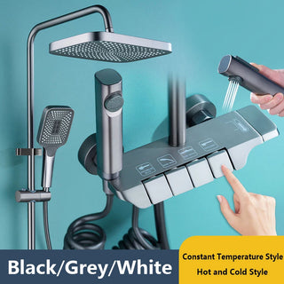 Grey Shower System Set Bathroom Digital LED Rain Showers Faucet Brass Bath Thermostat Rainfall Shower 4 Way with Bidet Taps Sets