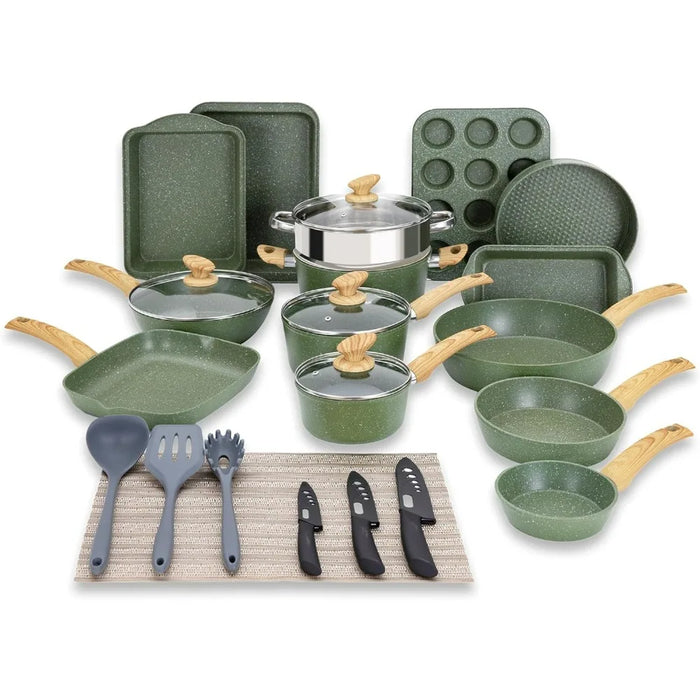 30 Pieces Induction Kitchen Cookware Set, Green Granite Coating Cooking Pans Set