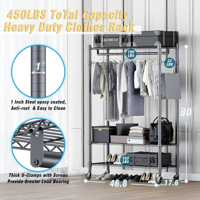 Shelves Wire Shelving Clothing Rolling Rack Heavy Duty Commercial Grade Garment Rack with Wheels and Side Hooks