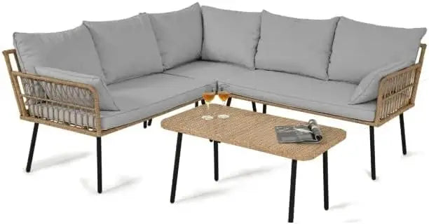 Rattan Patio Furniture Set, Outdoor Wicker Conversation Sectional L-Shaped Sofa fwith Thickness Cushions and Side Table