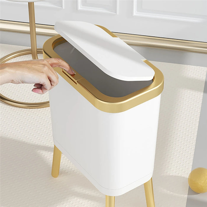 8/15L Top Luxury White Gold Trash Can Kitchen Bathroom High Capacity Garbage Can Four-legged Tall Narrow Trash Bin Storage Box