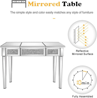 VINGLI Mirrored Vanity Desk with Flip Top Mirror, Makeup Dressing Table with Sparking Diamonds, Silver (Bench not Included)