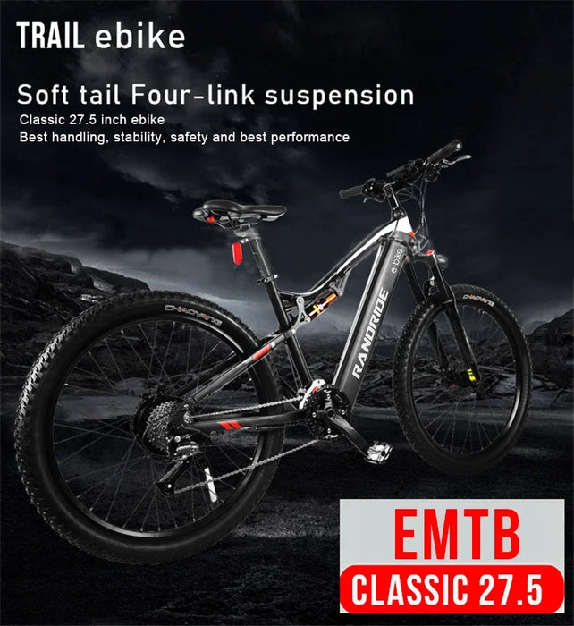 Electric Mountain Bike with Lithium Battery, Front and Rear, Double Shock Absorbers, E-Bike, GS, 1000W, 48V, 17Ah, 27.5 in