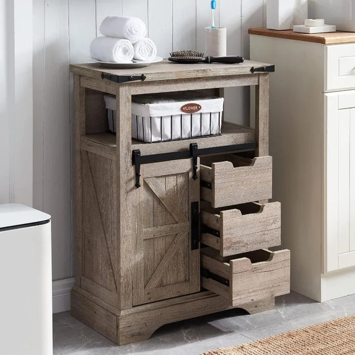 Bathroom Floor Cabinet, Farmhouse Storage Cabinet with Sliding Barn Door & Storage Drawers, Small Storage Cabinet for Bathroom