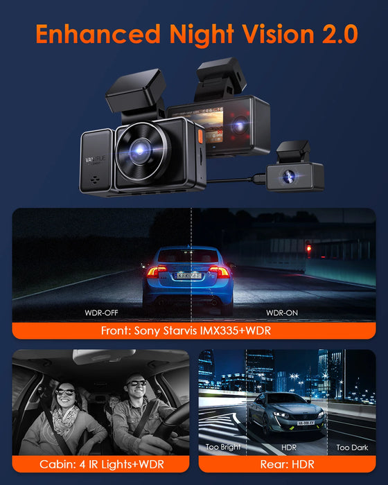 Vantrue E3 3 Channel Dash Cam 2.5K Front and Rear Inside Built-in WiFi GPS,Car Camera with Voice Control