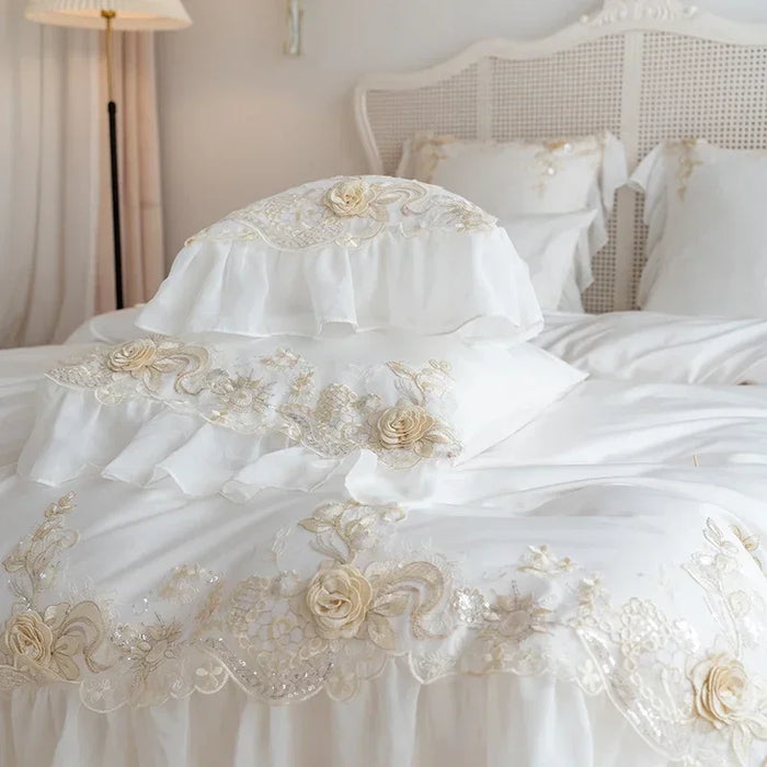 White Lace Embroidery Bedding Set Korean Style Princess Wedding Bedclothes Solid Color Duvet Cover Bed Sheet Pillowcases Cotton