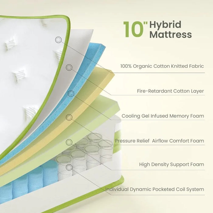 Full Mattress , Hybrid Mattress with Cooling Gel Memory Foam and Pocket Spring, Organic Cotton Fabric Cover, Mattress in a Box,