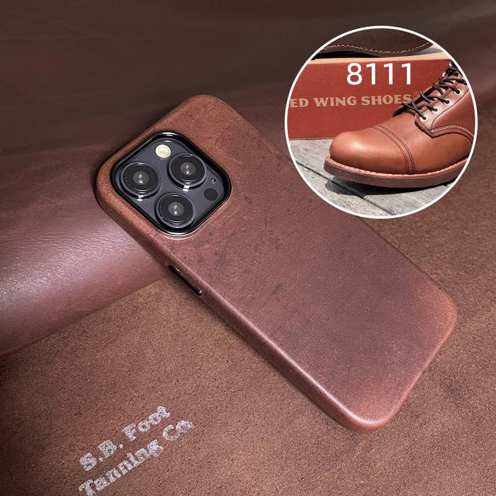 YMW USA SBF Genuine Leather Case for iPhone 13 14 15 Pro Max Oil-tanned Cowhide Retro Phone Cover