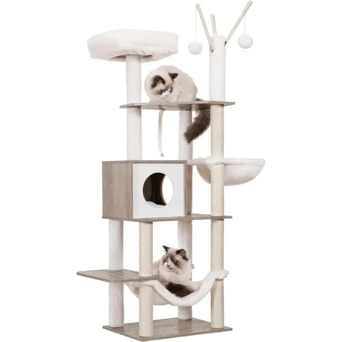 Wooden Cat Tree,55.5“ Cat Furniture with Scratching Posts, Modern Cat Tower with hammocks, Toys, condo, Rustic Brown