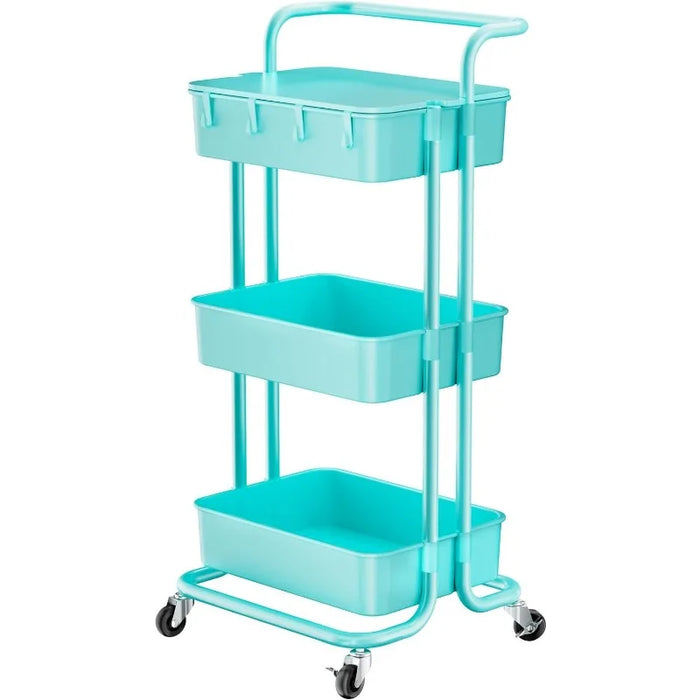 3 Tier Rolling Cart with Table Top, Utility Cart with Wheels & 4 Hooks, Rolling Storage Cart for Home Storage and Organization