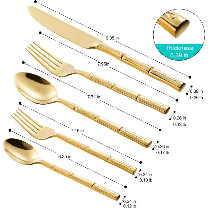 Silverware Set Gold Flatware Set Stainless Steel Bamboo Handle Cutlery Set Mirror Polished 60 Pieces for Home Kitchen Restaurant