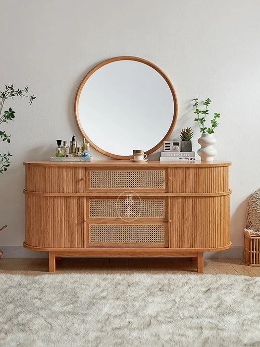 Japanese-Style Solid Wood Rattan Makeup Table Dresser