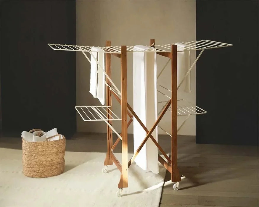 Folding Removable Wooden and Metal Drying Rack with Roller Sliding Towel Rack