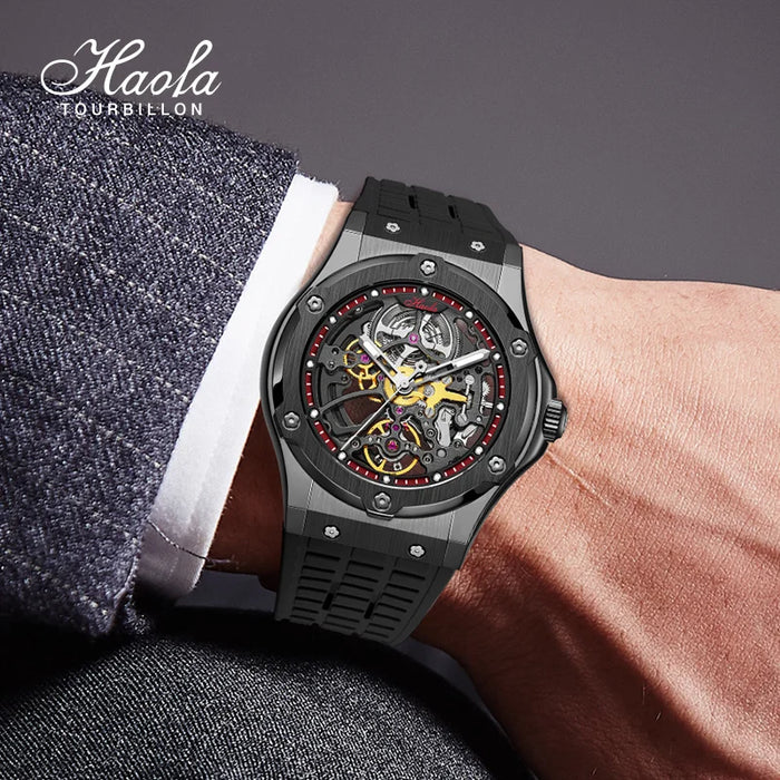 HAOFA 1913 Automatic Mechanical Fashion Man Men Watch Skeleton Automatic Sapphire Wrist Watches For Men Waterproof Luxury Black