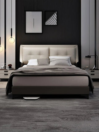 Modern simple luxury leather master bedroom big bed solid wood Italian minimalist double leather bed